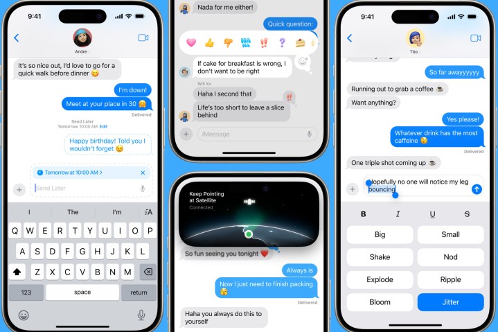 iOS 18 中各种新 iMessage 功能的截图。