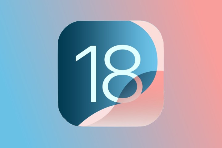 Image 1: The iOS 18 logo against a blue and pink background.