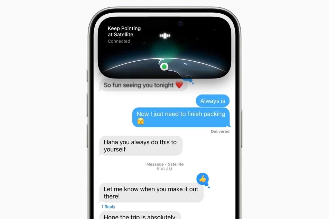 iOS 18 中 iPhone 上的卫星消息功能。