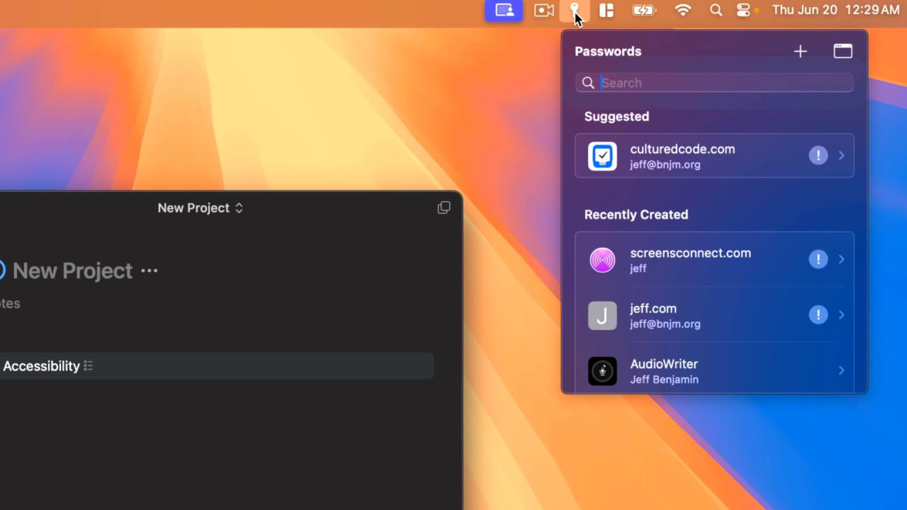 macOS Sequoia 菜单栏中的密码应用