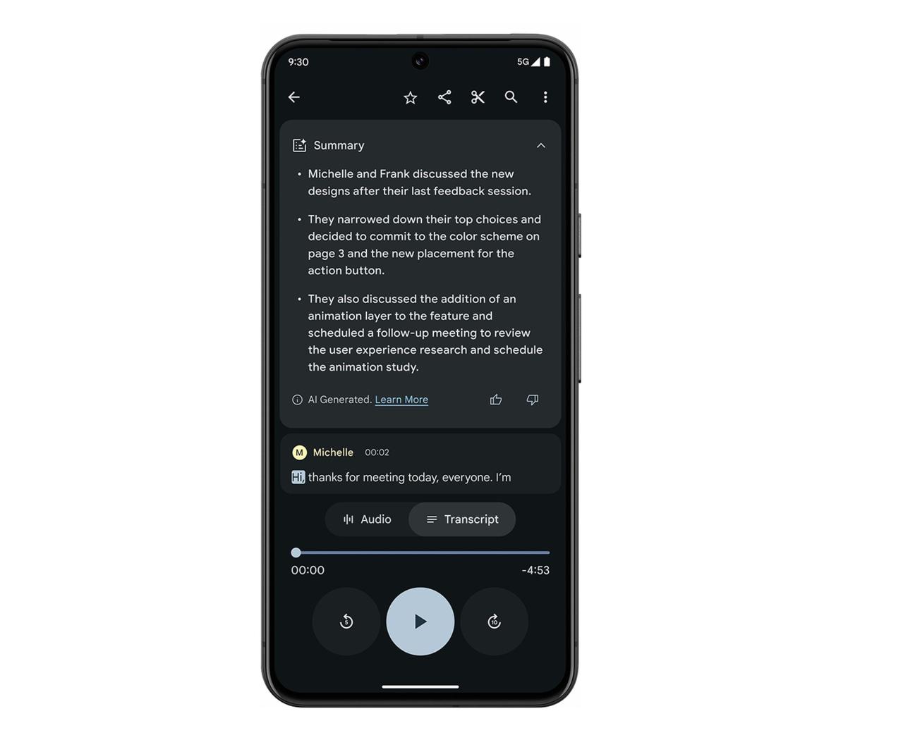 Google Pixel 截图显示 AI 生成的录音对话摘要，包含说话者的名字及他们讨论的内容。