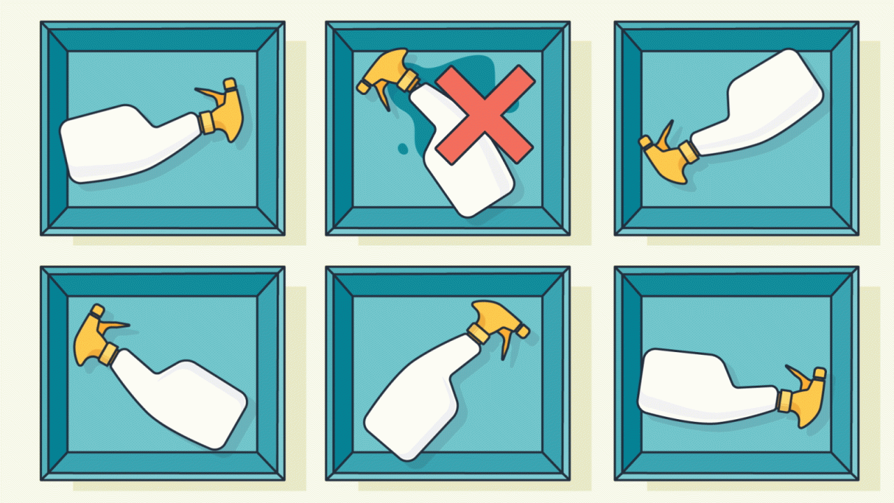 顶视图下显示喷瓶的动画，并突出显示一个正在漏水的喷瓶的示例图像