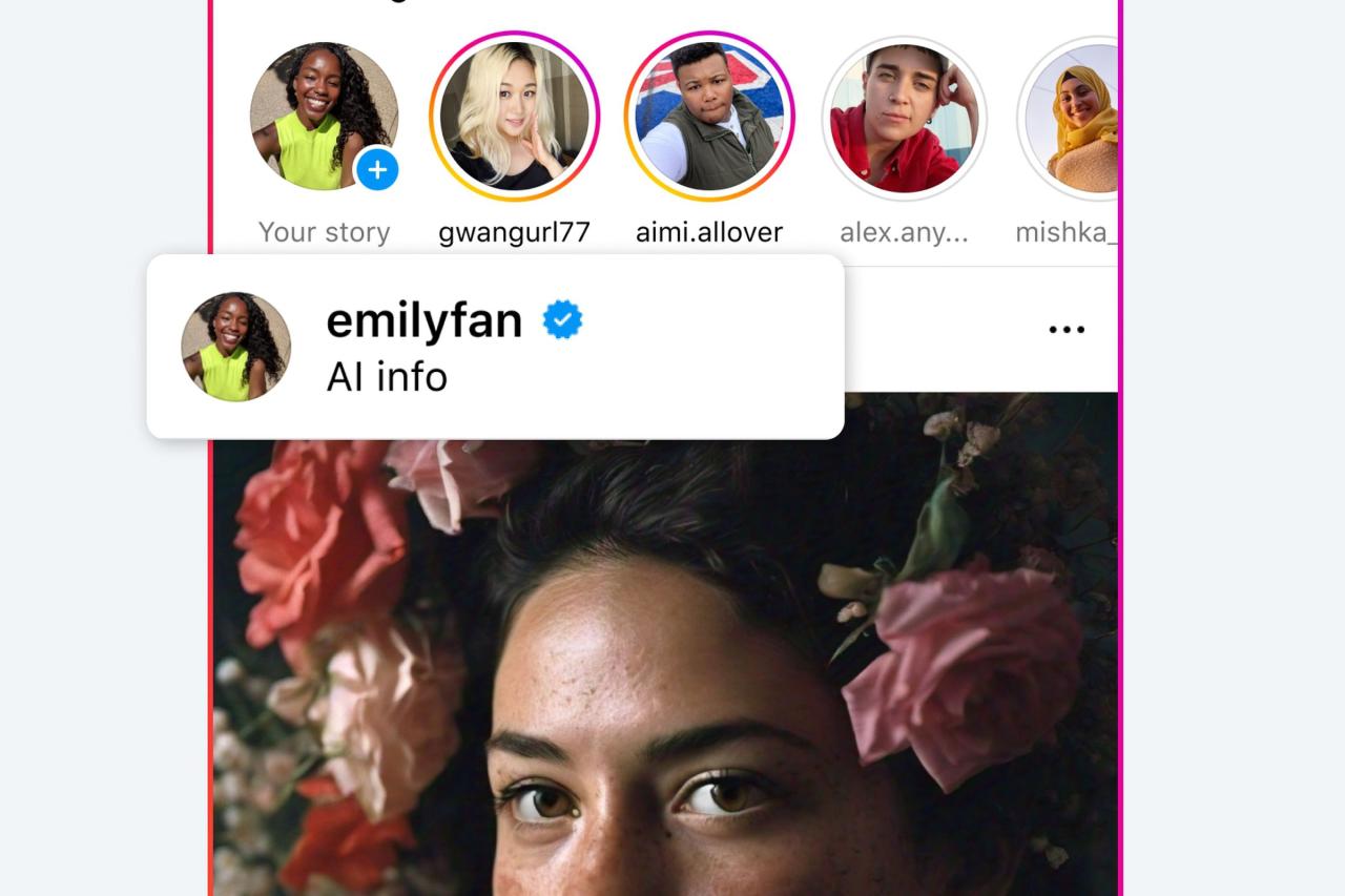 Instagram 移动应用截图，显示一张带有“AI Info”标签的照片。