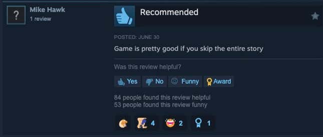 图片 2：Steam 评论，内容为“如果你跳过整个故事，游戏还不错”