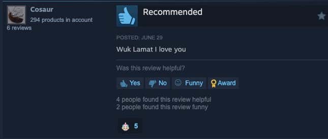 图片 15：Steam 评论，内容为“乌克·拉马特，我爱你”