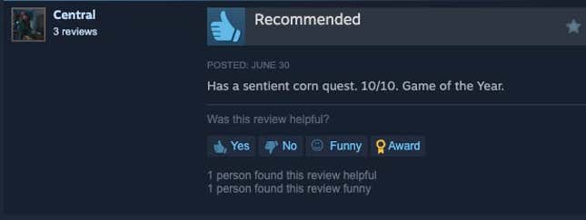 图片 17：Steam 评论，内容为“有一个有感知的玉米任务。10/10。年度游戏”