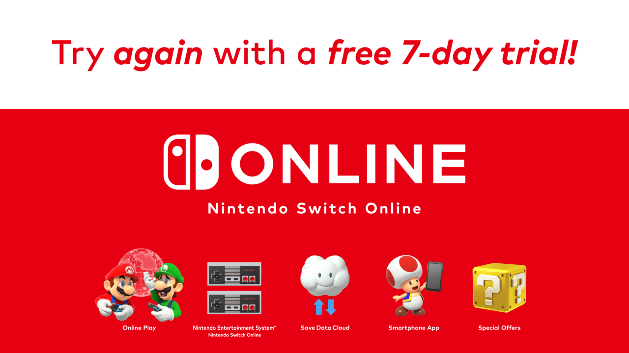 再次体验 Nintendo Switch Online 7 天免费试用! 再次体验 Nintendo Switch Online 7 天免费试用!
