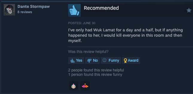 图片 16：Steam 评论，内容为“我只拥有乌克·拉马特一天半，但如果她有什么事，我会杀这房间里的每个人，然后自杀。”