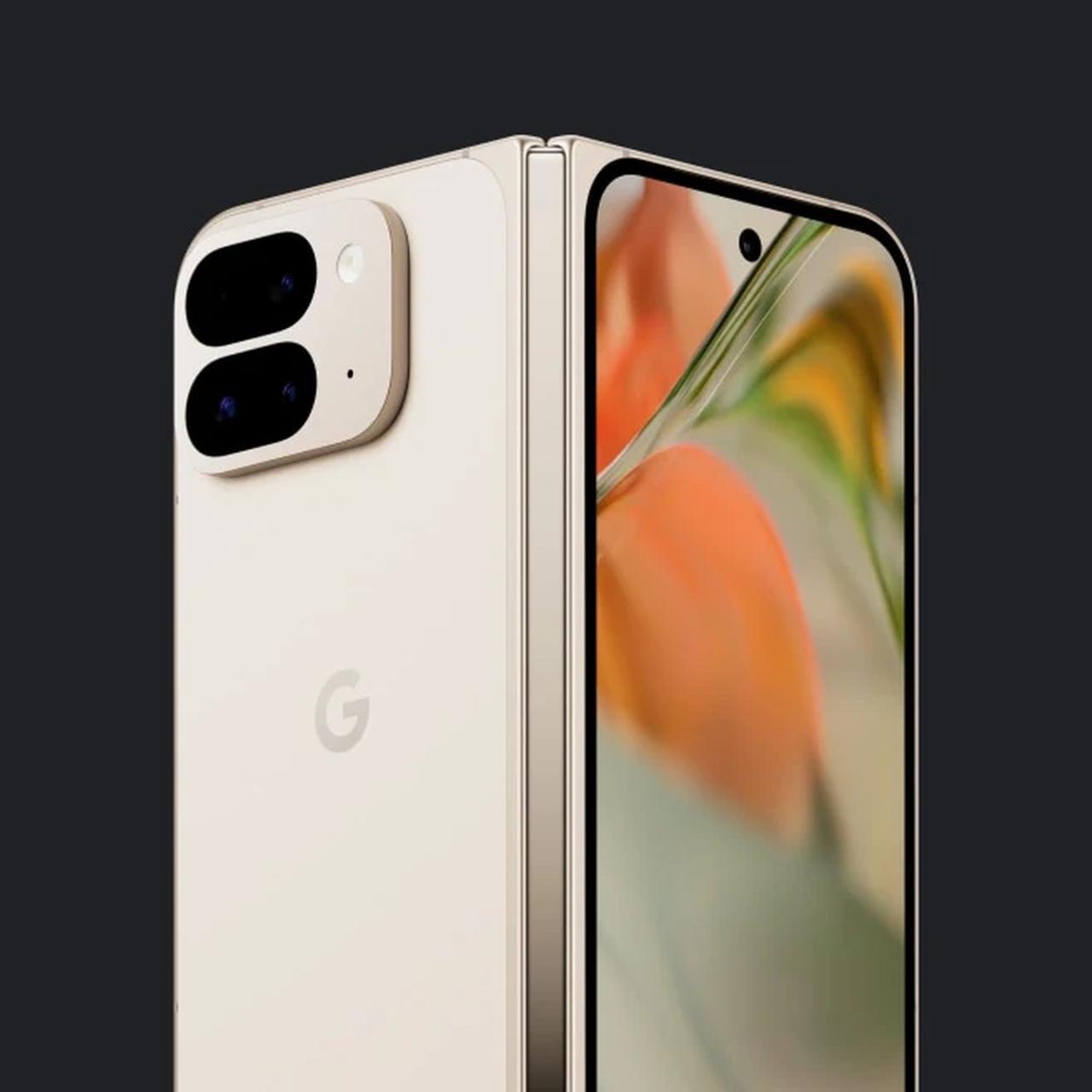 Google 的 Pixel 9 Pro Fold 稍微展开的后视图，外部屏幕和双堆叠摄像头镜头可见