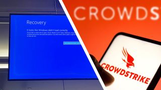 图片 2：死亡蓝屏旁边是一只手持手机显示 Crowdstrike 标志