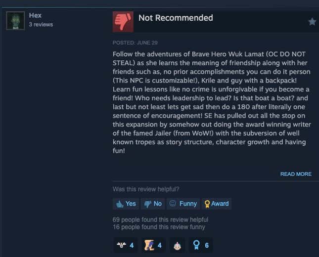 图片 4：Steam 评论，内容为“跟随勇敢的英雄乌克·拉马特（OC DO NOT STEAL）的冒险，她与朋友们一起学习友谊的意义，比如，没有先前成就的人（这个 NPC 是可定制的！），克里尔和背包男！学习有趣的课程，比如如果你成为朋友，没有什么罪是不可原谅的！谁需要领导力来领导？那艘船是船吗？最后但并非最不重要的是，让我们在一句鼓励的话后立即从悲伤转为 180 度！SE 在这个扩展包中全力以赴，通过某种方式超越了著名监狱长（来自 WOW！）的获奖作家，颠覆了众所周知的情节结构、角色成长和乐趣！图形更新：10/10 地牢：10/10 新知识：8/10 主城音乐：大金刚故事：2/10 总体评分：乌克·拉马特 / 乌克·拉马特”
