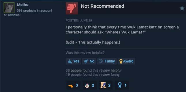 图片 3：Steam 评论，内容为“我个人认为每次乌克·拉马特不在屏幕上时，应该有一个角色问‘乌克·拉马特在哪里？’（编辑 - 这实际上发生了。）”
