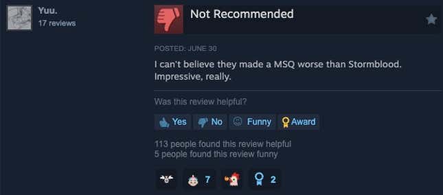 图片 9：Steam 评论，内容为“我无法相信他们制作了一个比风暴血脉更糟糕的主线任务。真是令人印象深刻，真的。”