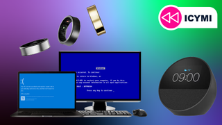 图片 1：显示带有死亡蓝屏的 Windows 电脑、三星 Galaxy Ring 和新的 Echo Spot 智能音箱