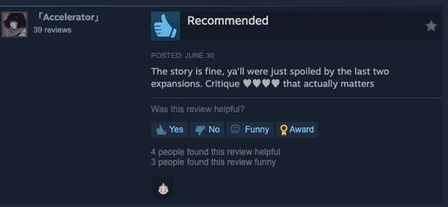 图片 11：Steam 评论，内容为“故事还可以，你们只是被前两个扩展包宠坏了。批评真正重要的事情”