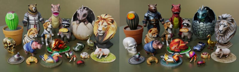 图片 2：一系列彩色 3D 打印的动物模型和物品展示。包括狮子、浣熊、猪、鸟、仙人掌和几个穿着服装的拟人化动物。还有食物、甲虫和一个骷髅，都陈列在绿色表面上。