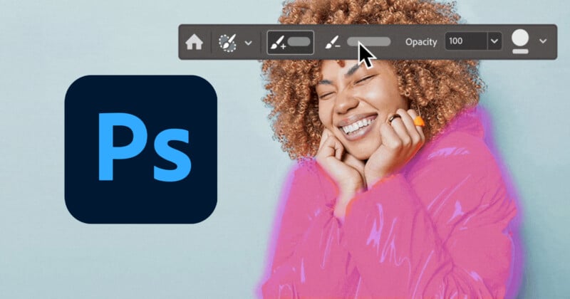 图片 1：一位穿着亮粉色夹克的人双手放在脸上微笑。Adobe Photoshop 的工具栏近距离显示在其头部上方，正在调整“不透明度”设置。图片左侧也可见 Photoshop 的标志。