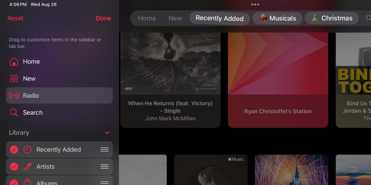 iPadOS 18.1 中音乐应用的标签栏功能