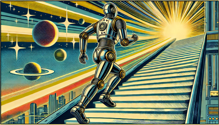 图片 1：一个机器人以复古科幻漫画风格登上楼梯