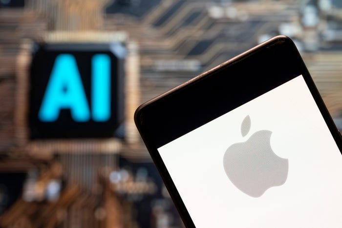 Image 1: In this photo illustration, the American multinational technology company Apple logo seen displayed on a smartphone with an Artificial intelligence (AI) chip and symbol in the background.