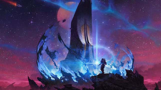 一名宇航员接近一座奇怪的塔