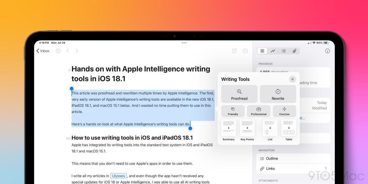 iPadOS 18.1 中的 Apple AI 写作工具