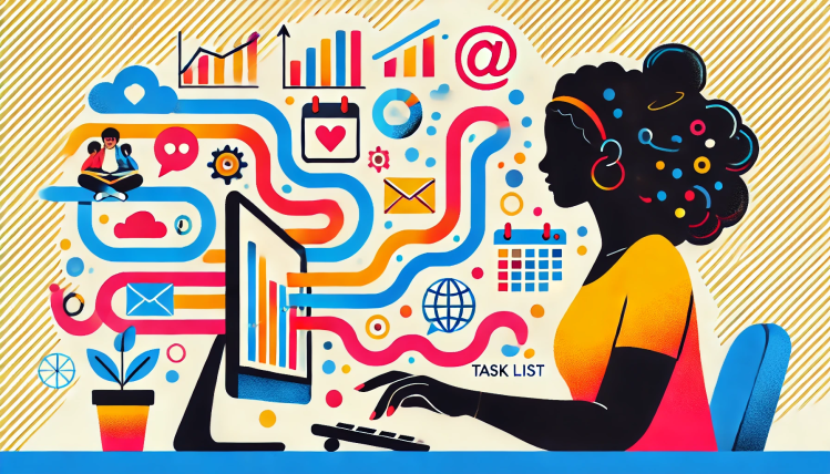 AI 生成的扁平彩色艺术作品，描绘了一位黑人女性在电脑前打字，周围环绕着彩色图标