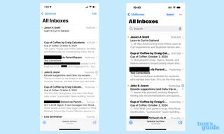 苹果邮件的典型收件箱视图（左）和带有 Apple Intelligence 创建的摘要的收件箱（右）