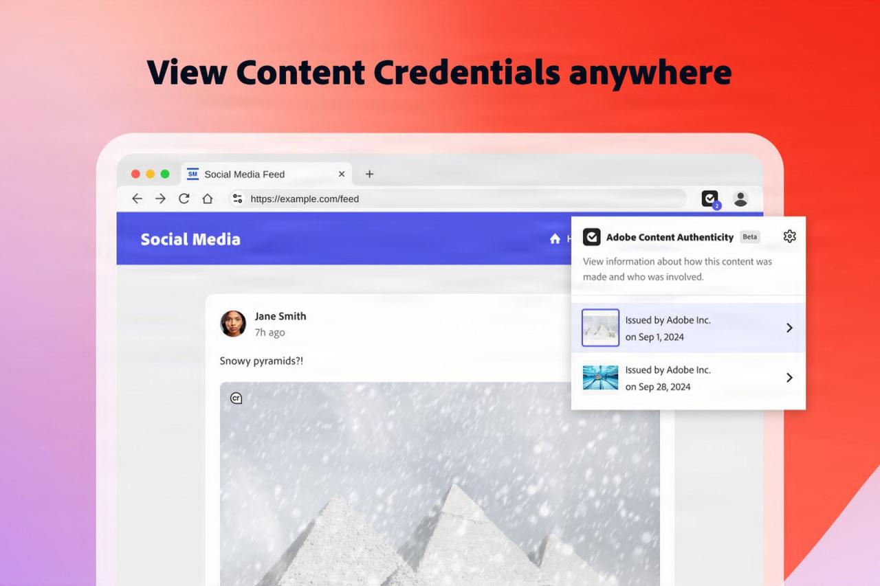 Adobe 的 Content Authenticity 扩展程序的截图，适用于 Google Chrome。