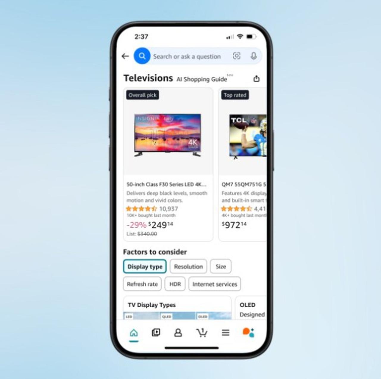 Amazon 新 AI 购物指南功能的截图。