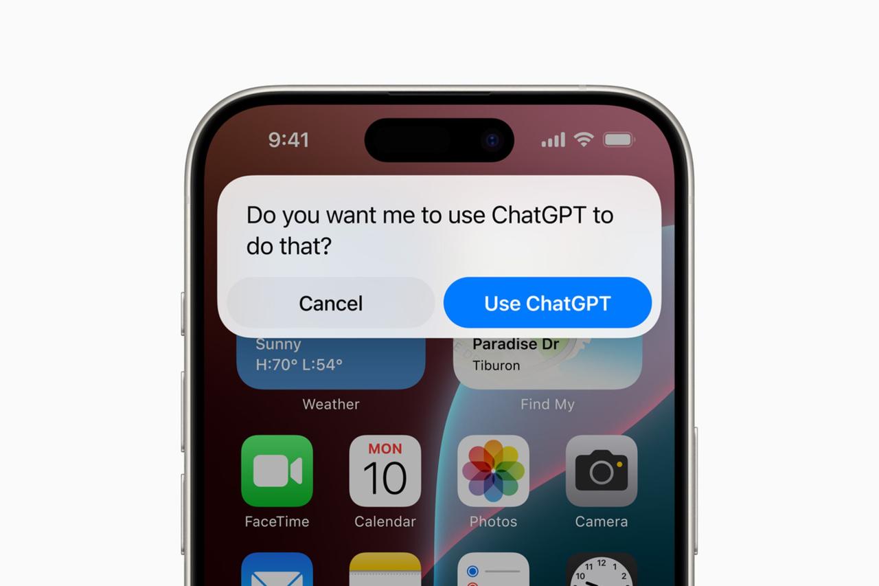 WWDC 2024 上 iOS 的 ChatGPT 集成截图