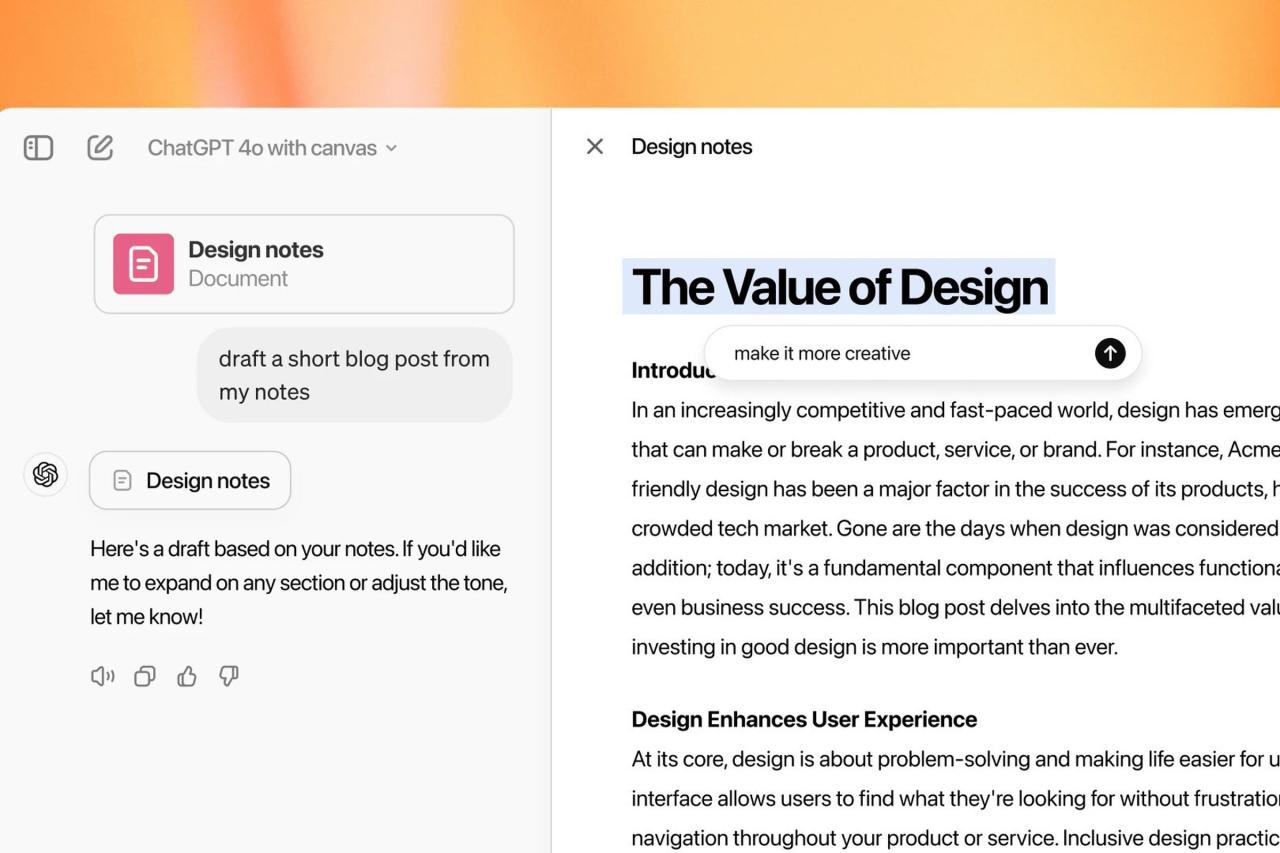 ChatGPT 的 canvas 界面测试版截图