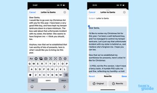 iOS 18 邮件中的给圣诞老人的信与使用写作工具中的重写功能更新后的版本