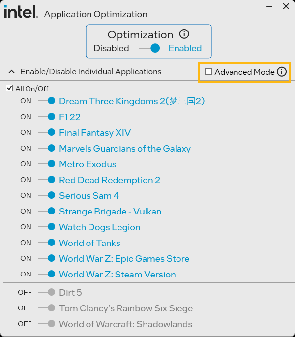Intel APO 游戏列表