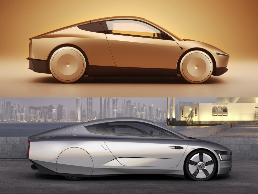 Tesla Cybercab 和 VW XL1 的轮廓对比