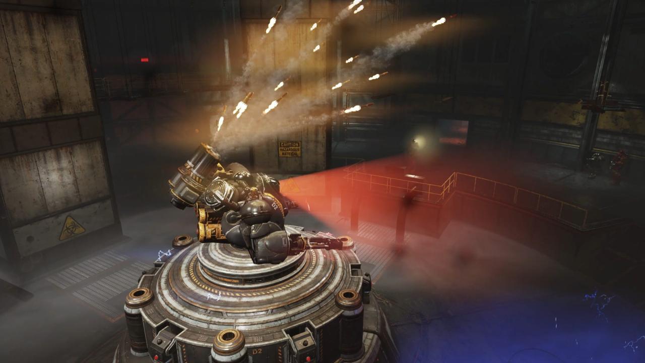 一个大型机器人向 Fallout 76 的 Gleaming Depths 突袭中的玩家发射多枚火箭。