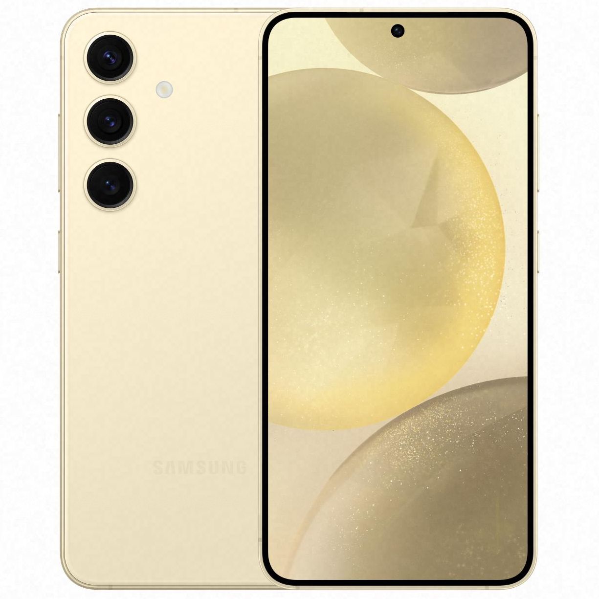 图片 6：Amber Yellow Galaxy S24 的前后视图，白色背景