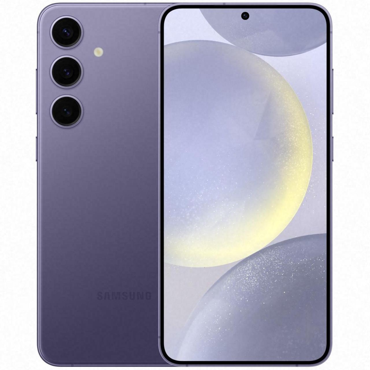 图片 8：Galaxy S24+ 的前后视图，Cobalt Violet 在白色背景上