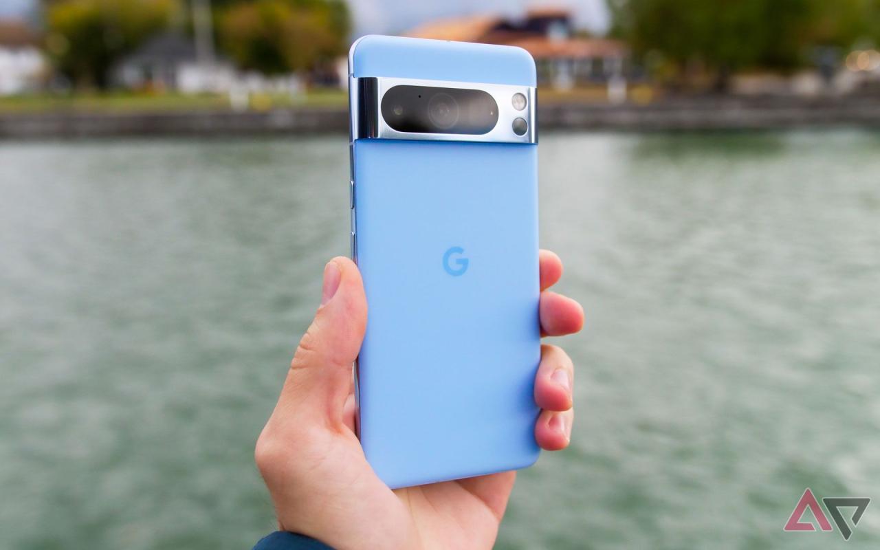 图片 1：一张蓝色 Pixel 8 Pro 在河前被举起的照片