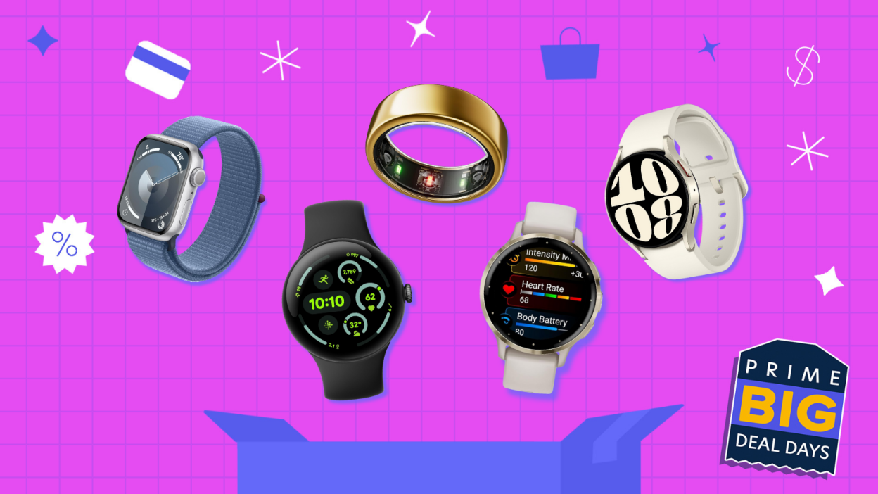 粉色和蓝色的 Prime Day 插图，展示了来自 Apple、Samsung、Garmin、Google 和 Oura 的健身追踪器和智能手表