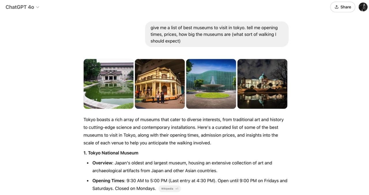 他们的东京旅行 ChatGPT 聊天从对基础 GPT-4o 模型的简单请求开始。