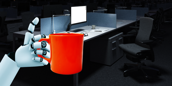 机器人手拿着咖啡杯，背景是办公室隔间