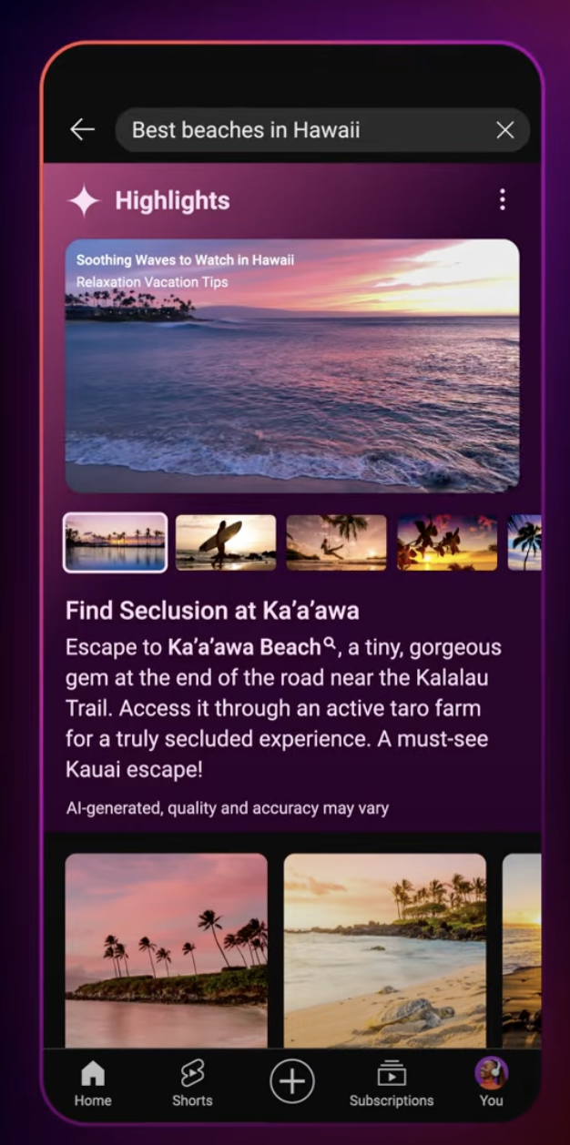 YouTube 推出 AI 搜索轮播功能，助力用户轻松获取信息