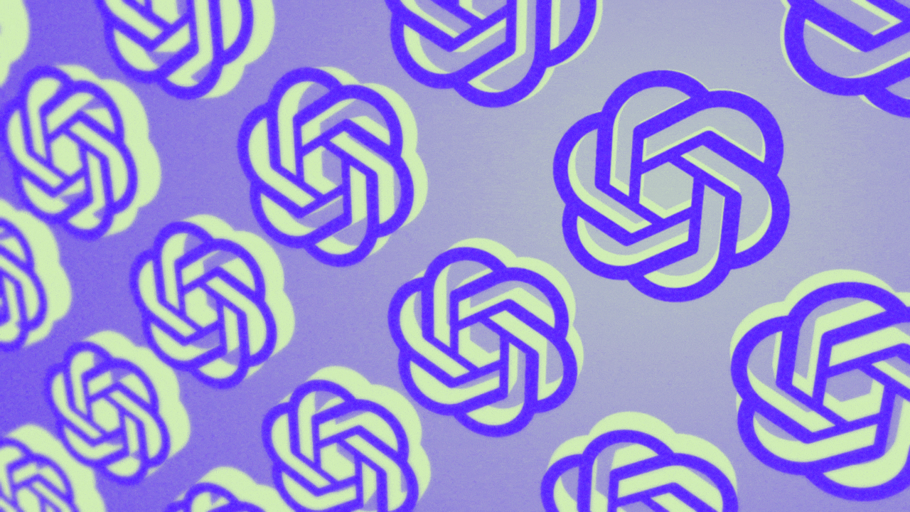 OpenAI 标志的动态图案，以对角线旋转排列。