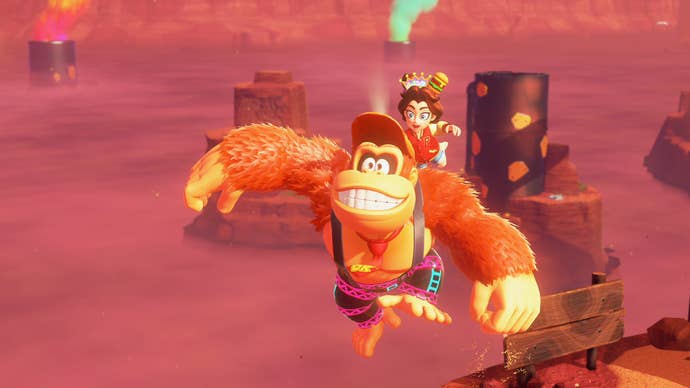 Donkey Kong 和 Pauline 在《Donkey Kong Bananza》截图中的矿井环境中跳跃
