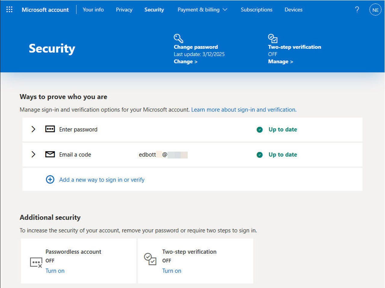 Microsoft 账户安全页面