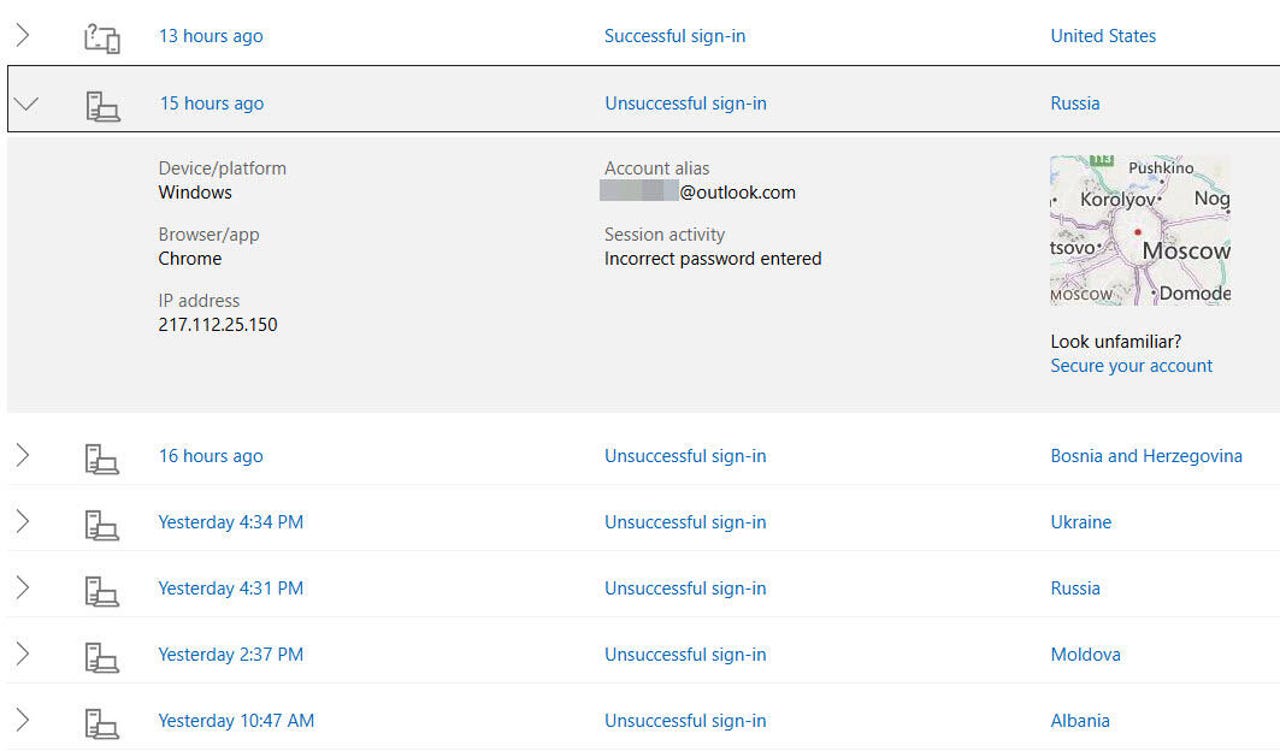 失败的 Microsoft 账户登录尝试