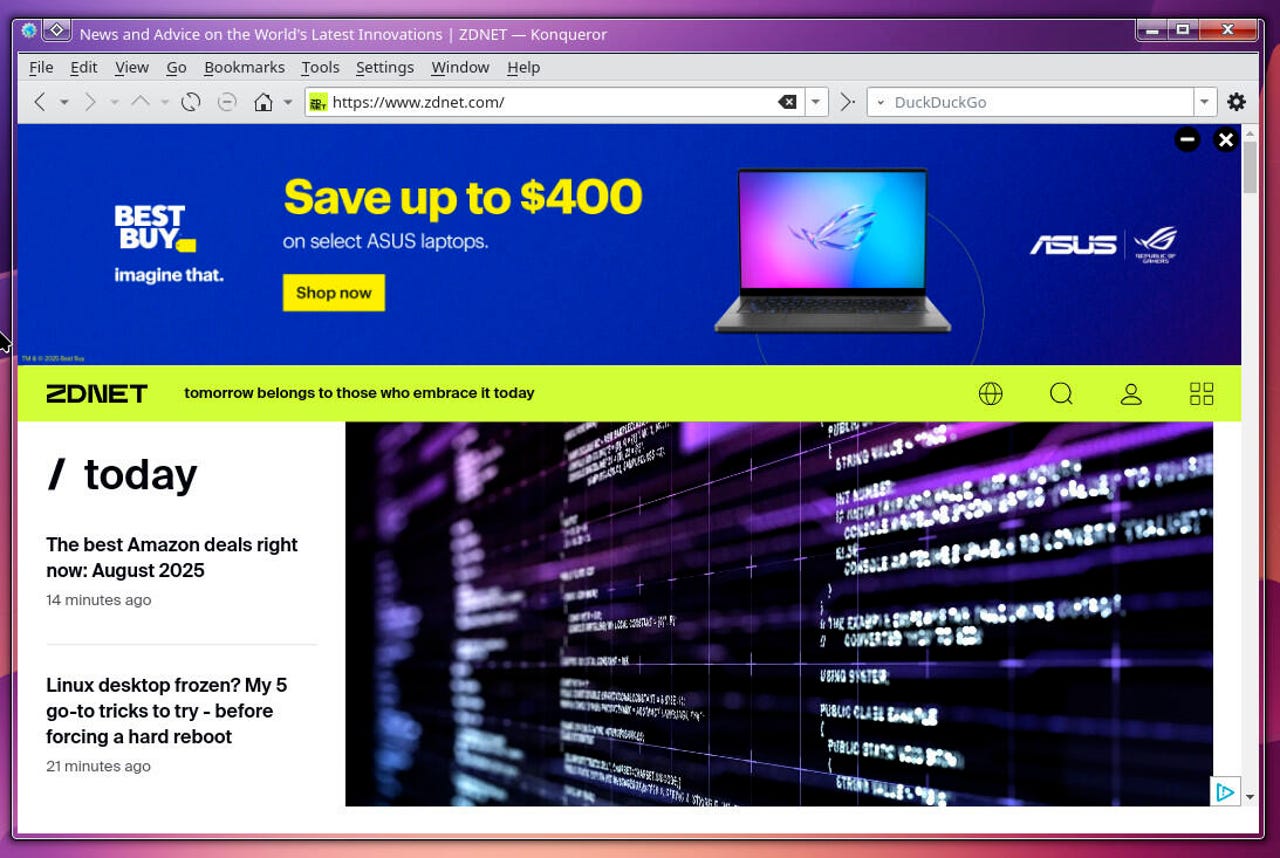 Konqueror 网页浏览器显示 ZDNET 页面