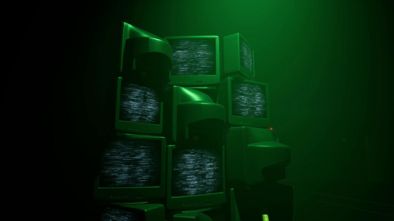 一堆 CRT 显示器显示静态画面