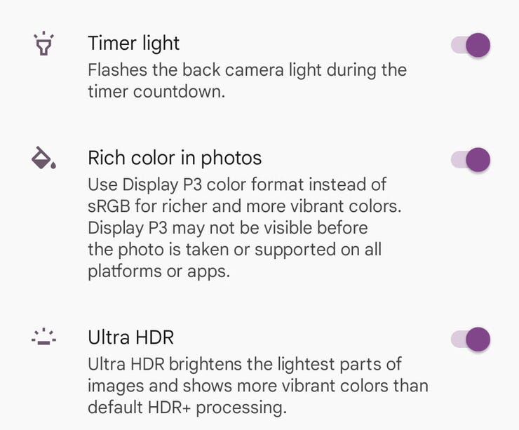 The P3 option in the Advanced settings of the camera app.